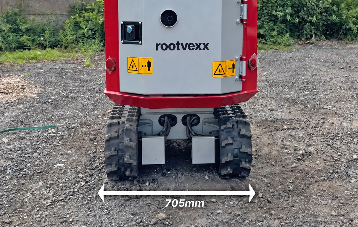 CREX6-M mini excavator, rear view with the 705 mm track width measured