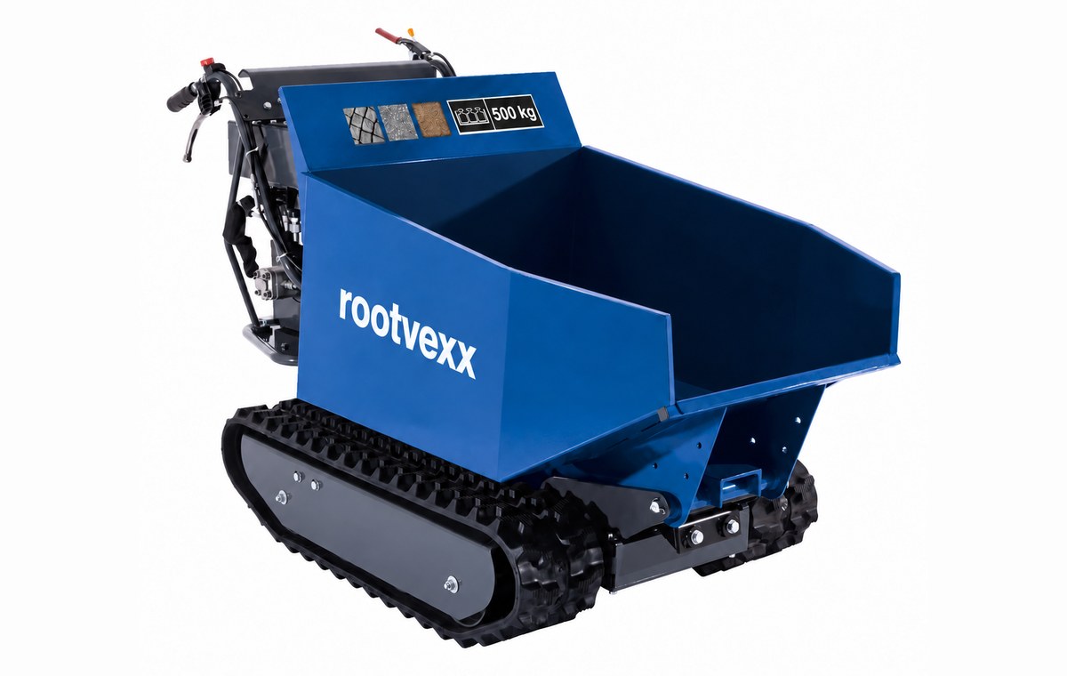 DP5000 tracked mini dumper, front three-quarter view showing the skip