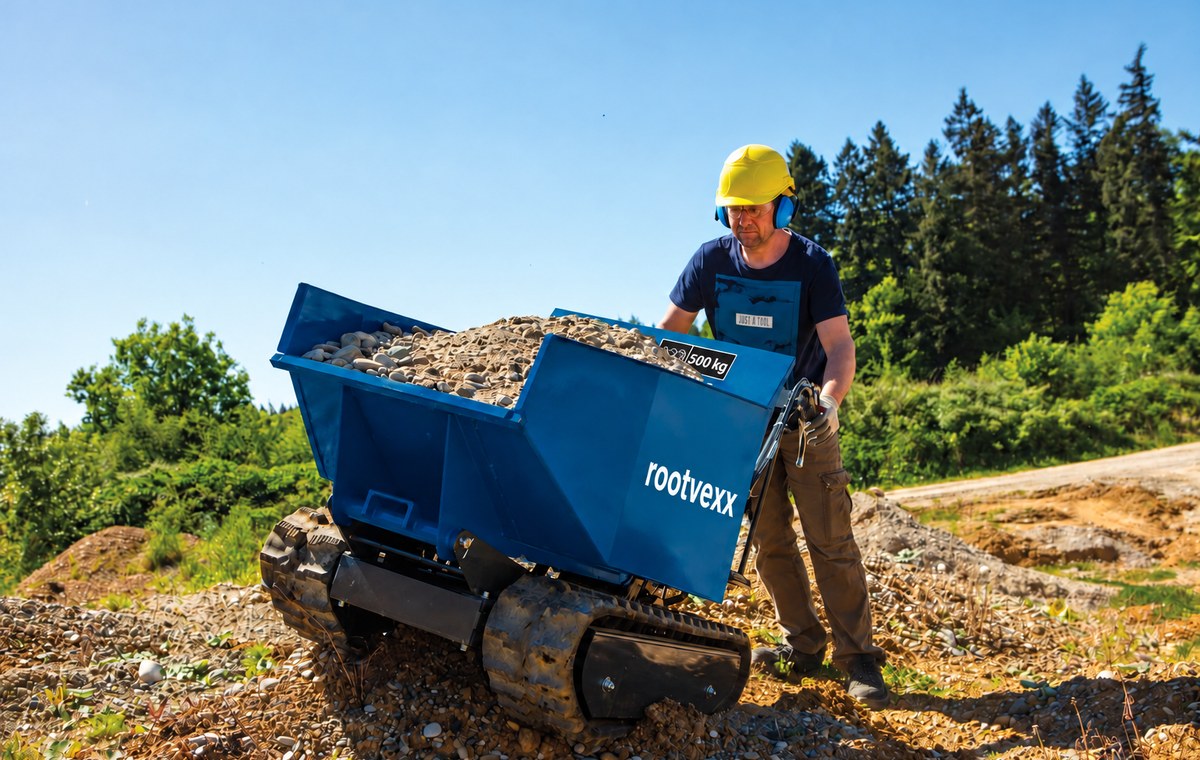 DP5000 tracked mini dumper, carrying a full load of spoil across rough ground