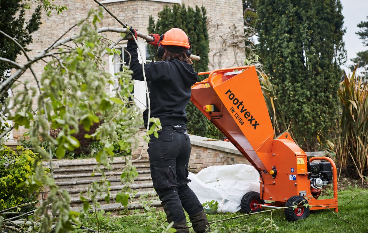 TW 13/75G petrol wood chipper, chipping in a domestic garden